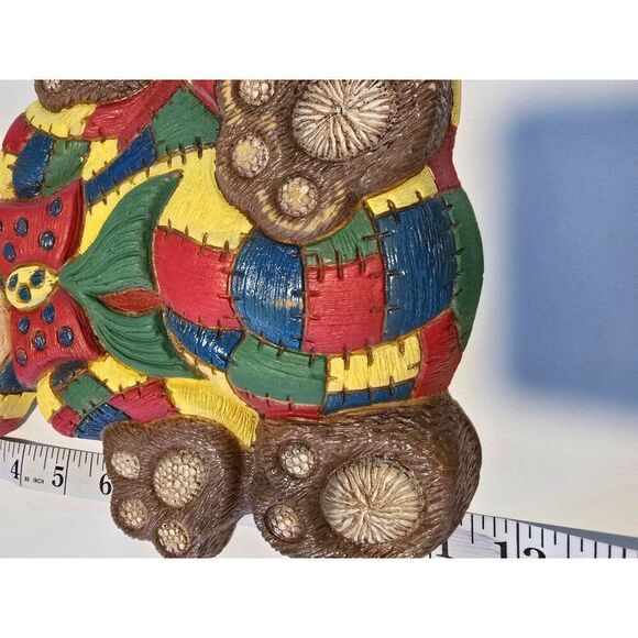 Patchwork Teddy Bear Wall Decor By Foam Craft 8" Multicolor Hand-Painted VTG Pie - Picture 2 of 5